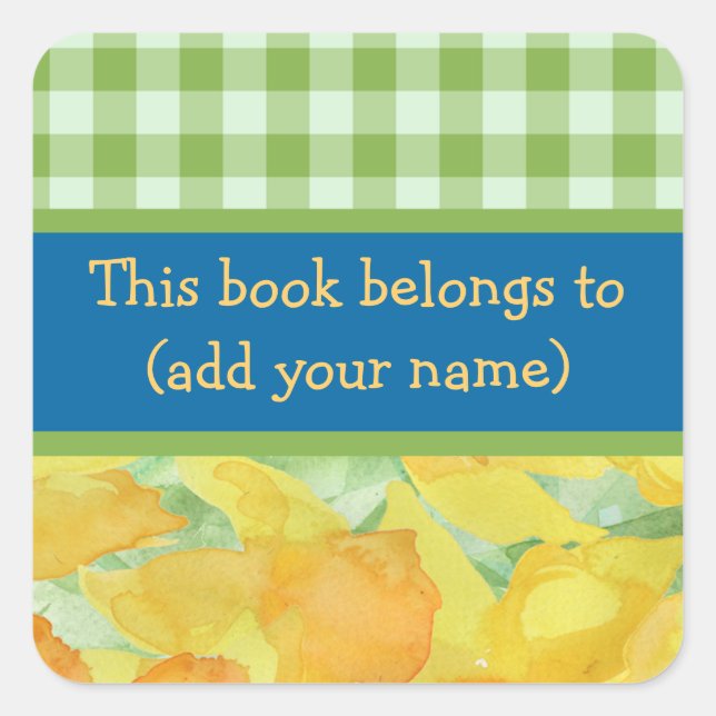 Golden Daffodils and Gingham Bookplates Square Sticker (Front)