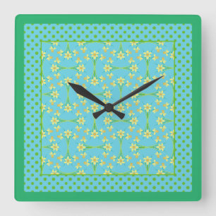 Golden Daffodils and Polka Dots on Sky Blue Border Square Wall Clock
