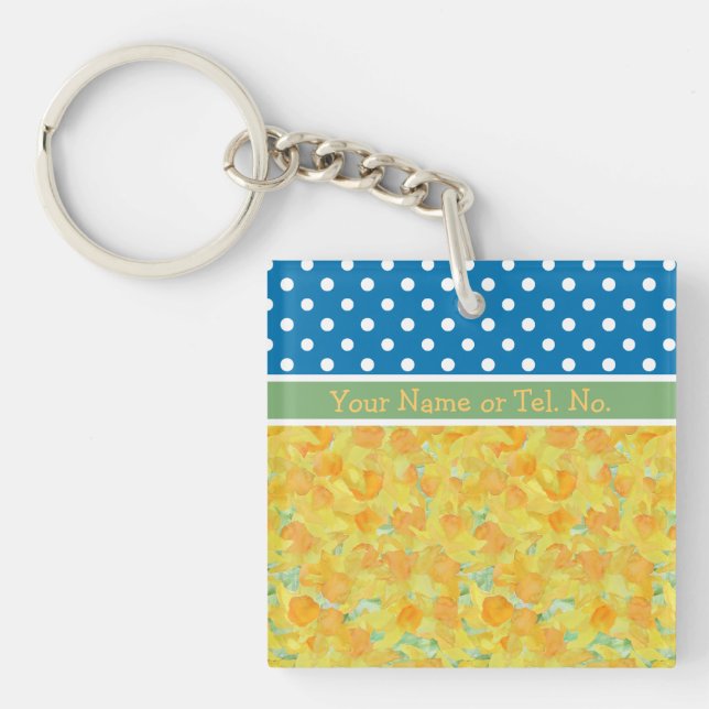 Golden Daffodils teamed with Blue White Polka Dots Key Ring (Front)
