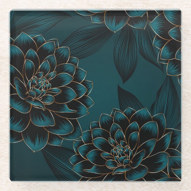 Golden Dahlias: Luxurious Vintage Pattern. Glass Coaster (Front)