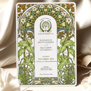 Golden Daisies & Green Foliage Art Nouveau Wedding Invitation