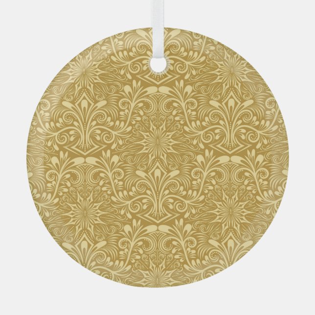 Golden Damask Baroque Floral Pattern Glass Tree Decoration (Front)