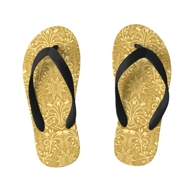 Golden Damask Baroque Floral Pattern Kid's Flip Flops (Footbed)