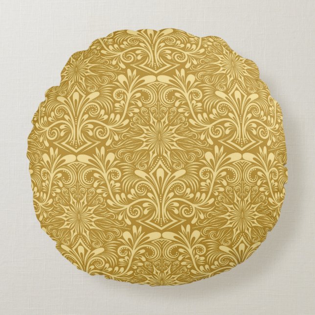Golden Damask Baroque Floral Pattern Round Cushion (Front)
