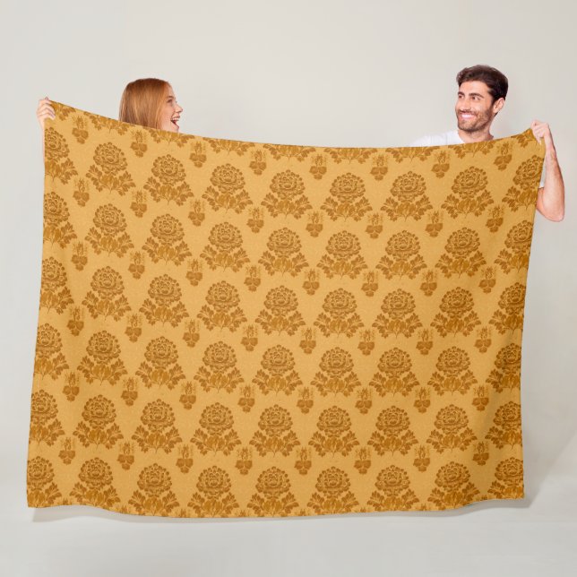 Golden Damask Floral Pattern Fleece Blanket (In Situ)