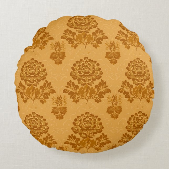 Golden Damask Floral Pattern Round Cushion (Front)