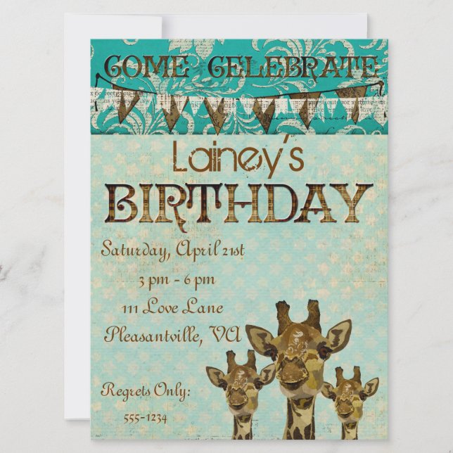 Golden Damask Giraffes Blue  Birthday Invitation (Front)