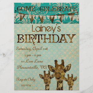 Golden Damask Giraffes Blue Birthday Invitation