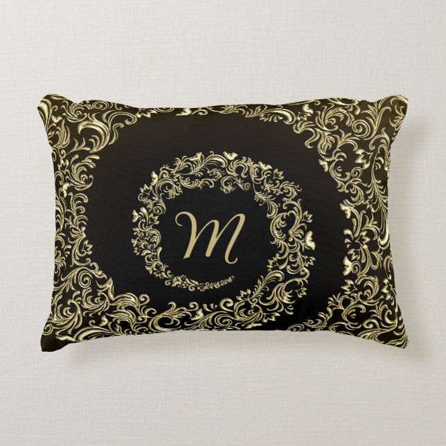 Golden Damask Monogram Decorative Cushion (Front)