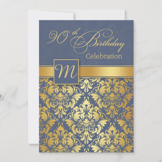 Golden damask on blue 90th Birthday Party Invite (Front)