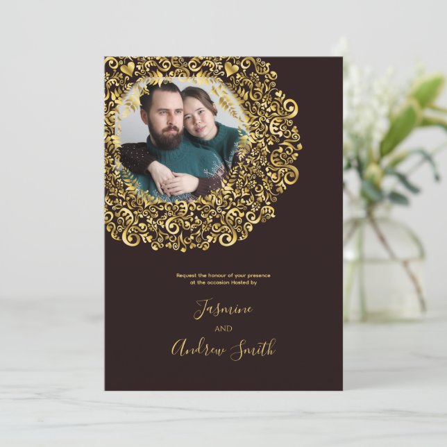 Golden Damask Photo Frame Anniversary Invitation (Standing Front)