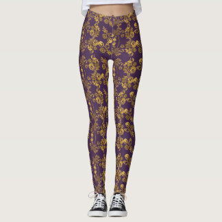 Golden damask swirl floral print on purple leggings