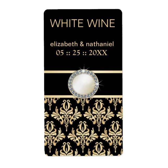 Golden Damask w Brooch Wedding Favour Wine Labels (Front)