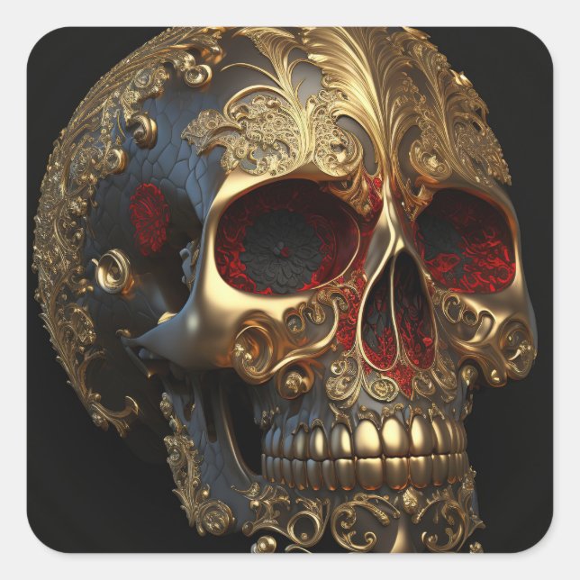 Golden Darkness Skull with Red Eyes Square Sticker (Front)