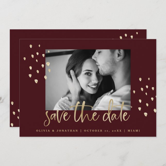 Golden Date | Gold Script Burgundy with Photo Save The Date (Front/Back)