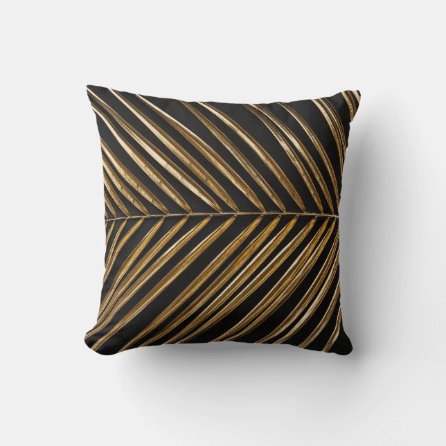 Golden Date Palm Leaf: Black Minimalist Cushion (Front)