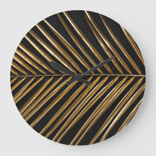 Golden Date Palm Leaf: Black Minimalist Large Clock