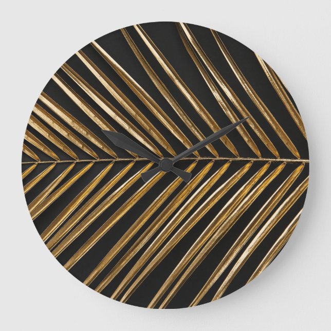 Golden Date Palm Leaf: Black Minimalist Large Clock (Front)
