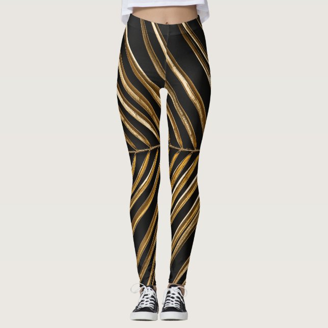 Golden Date Palm Leaf: Black Minimalist Leggings (Front)