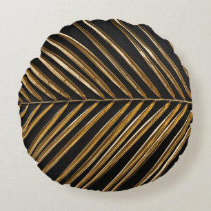 Golden Date Palm Leaf: Black Minimalist Round Cushion