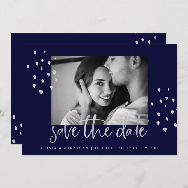 Golden Date | Silver Script on Navy with Photo Save The Date (Front/Back)