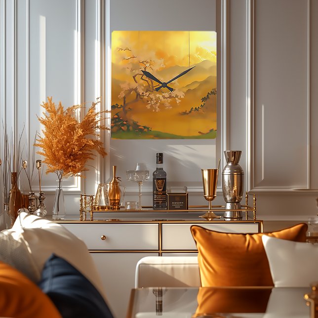 Golden Dawn: Elegant Asian-Inspired Square Wall Clock (Beautiful Japanese Panel Style Gold Wall Clock)