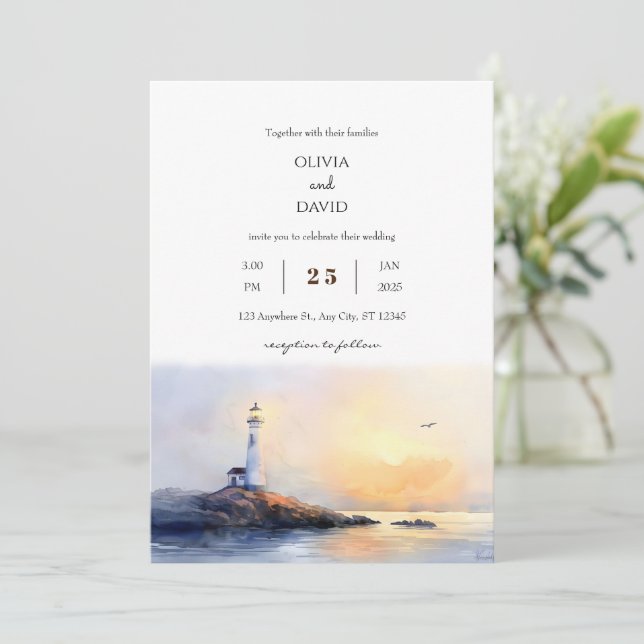  Golden Dawn Lighthouse Watercolor Beach Wedding  Invitation (Standing Front)
