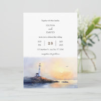 Golden Dawn Lighthouse Watercolor Beach Wedding