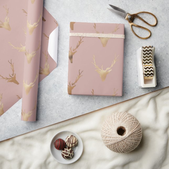 Golden Dear Head Blush Rose Holiday Wrapping Paper (Crafts)