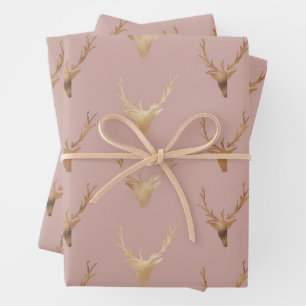 Golden Dear Head Blush Rose Holiday   Wrapping Paper Sheet