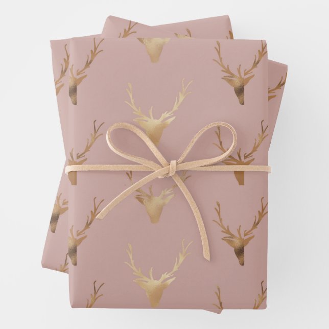 Golden Dear Head Blush Rose Holiday   Wrapping Paper Sheet (In situ)