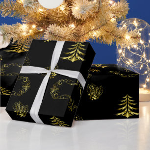 Golden Decorations on Black Christmas Wrapping Paper