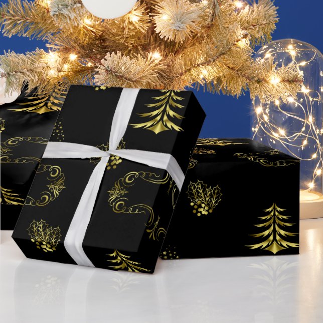 Golden Decorations on Black Christmas Wrapping Paper (Holidays)