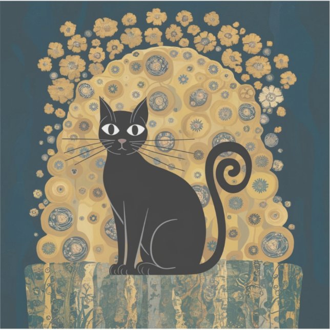Golden Decorative Gustav Klimt Style Black Cat Art (Front)