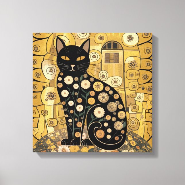 Golden Decorative Gustav Klimt Style Black Cat Art Canvas Print (Front)