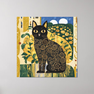 Golden Decorative Gustav Klimt Style Black Cat Art Canvas Print