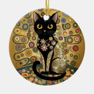 Golden Decorative Gustav Klimt Style Black Cat Art Ceramic Tree Decoration