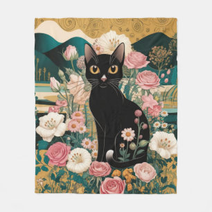 Golden Decorative Gustav Klimt Style Black Cat Art Fleece Blanket