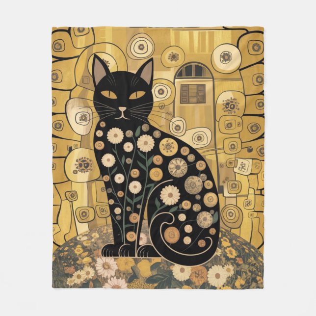 Golden Decorative Gustav Klimt Style Black Cat Art Fleece Blanket (Front)