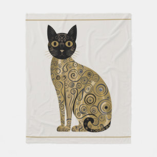 Golden Decorative Gustav Klimt Style Black Cat Art Fleece Blanket