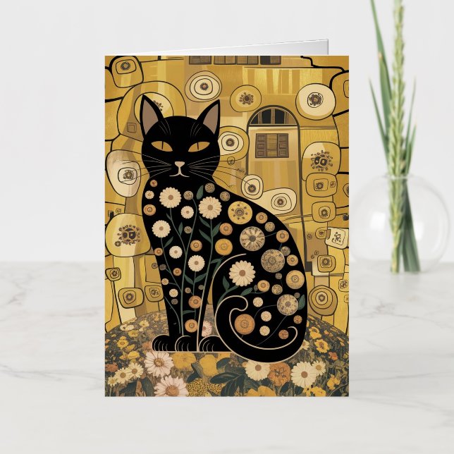 Golden Decorative Gustav Klimt Style Black Cat Art Foil Greeting Card (Front)
