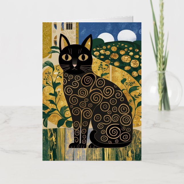 Golden Decorative Gustav Klimt Style Black Cat Art Foil Greeting Card (Front)