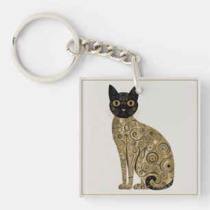 Golden Decorative Gustav Klimt Style Black Cat Art Key Ring