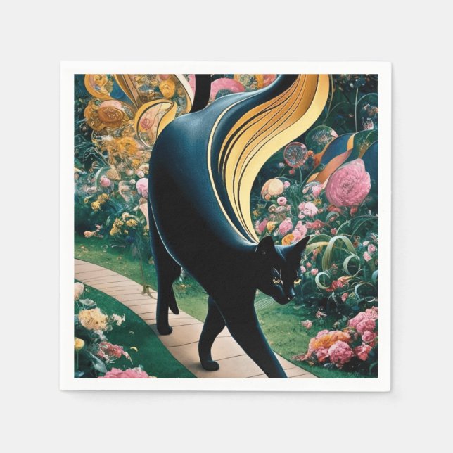 Golden Decorative Gustav Klimt Style Black Cat Art Napkin (Front)