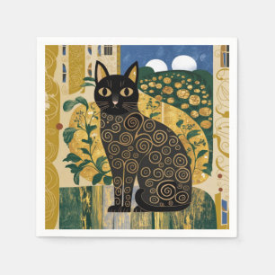 Golden Decorative Gustav Klimt Style Black Cat Art Napkin