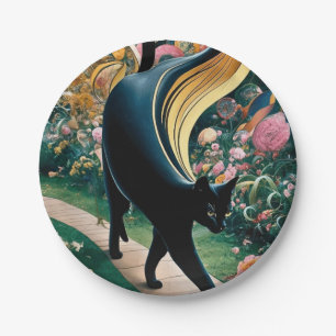 Golden Decorative Gustav Klimt Style Black Cat Art Paper Plate