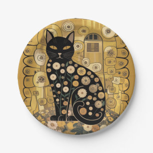 Golden Decorative Gustav Klimt Style Black Cat Art Paper Plate