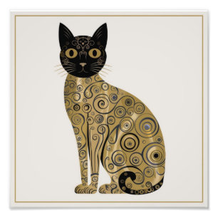 Golden Decorative Gustav Klimt Style Black Cat Art Photo Print