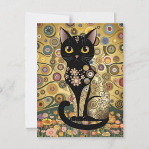 Golden Decorative Gustav Klimt Style Black Cat Art Postcard