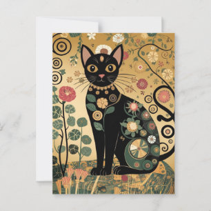 Golden Decorative Gustav Klimt Style Black Cat Art Postcard